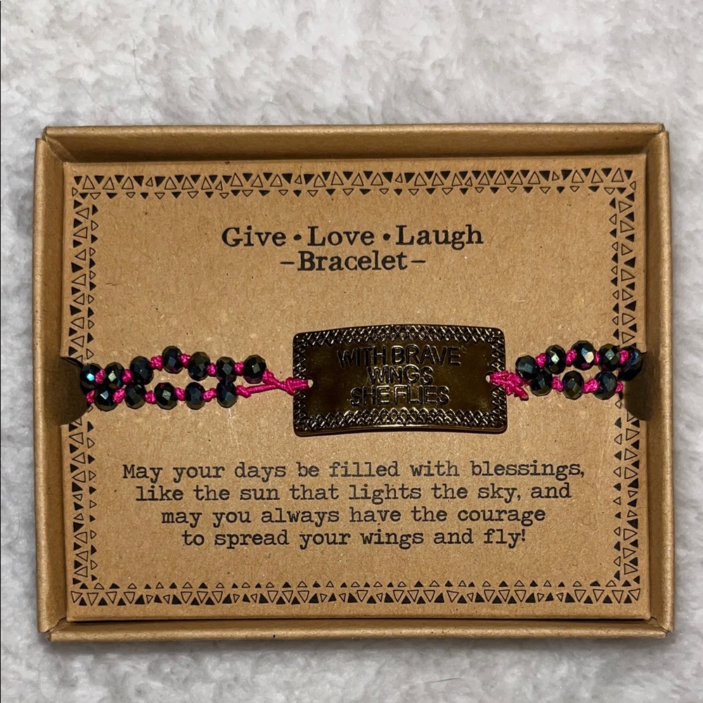 Bracelet NATURAL LIFE Pink and Black Beaded 'With Brave Wings She Flies'